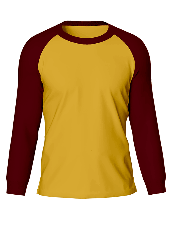 Мужской классический лонгслив реглан с бордовыми рукавами и охра телом