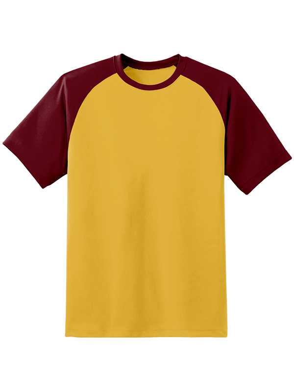 Мужская оверсайз футболка реглан с бордовыми рукавами и охра телом