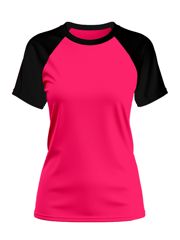 Женская классическая футболка реглан с чёрными рукавами и фуксия телом