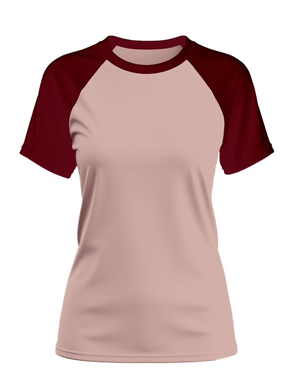 Женская классическая футболка реглан с бордовыми рукавами и пыльно-розовым телом