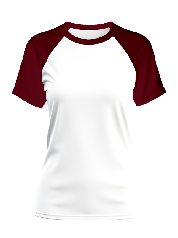 Женская классическая футболка реглан с бордовыми рукавами и белым телом
