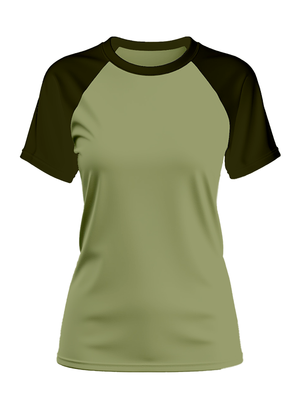 Женская классическая футболка реглан с тёмно-зелеными рукавами и хаки телом